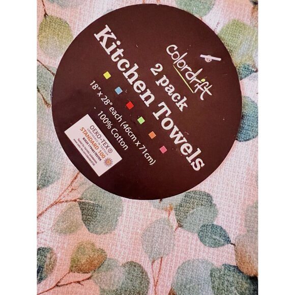 NEW Set 2 Kitchen Towels Eucalyptus  Garden Green White Colordrift 100% Cotton - Picture 2 of 4